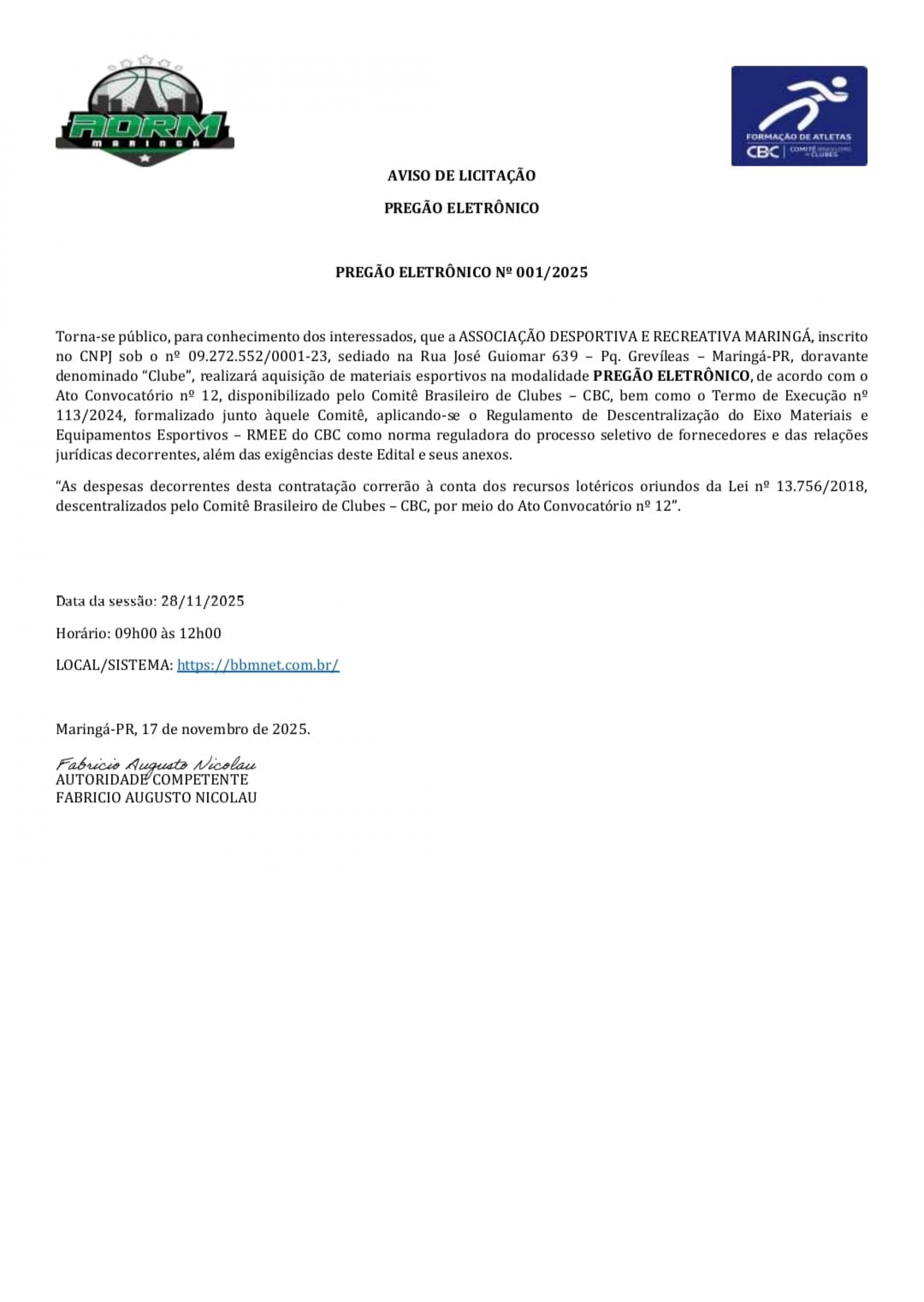 AVISO DE LICITAÇÃO - PE 001/2025